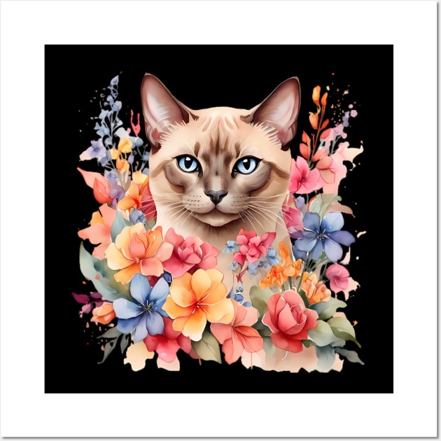 A tonkinese cat decorated with beautiful watercolor flowers Wall Art by CreativeSparkzz